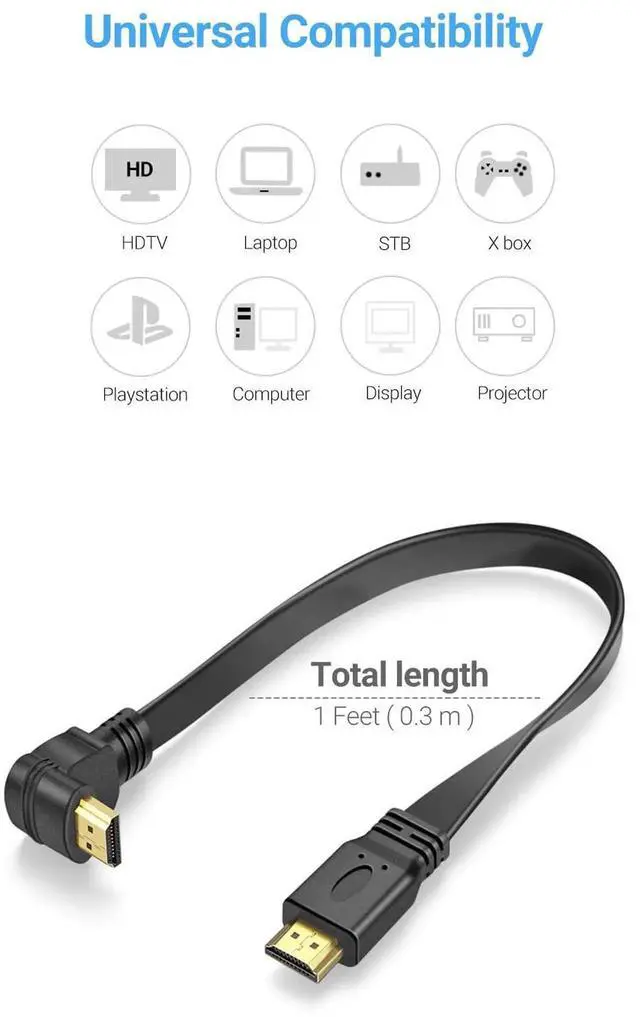 Alt view image 5 of 7 - 1 Feet 2-Pack 270 Degree Right Angle Flat Slim HDMI Cable, High Speed Male to Male HDMI Extension Adapter Converter Cord