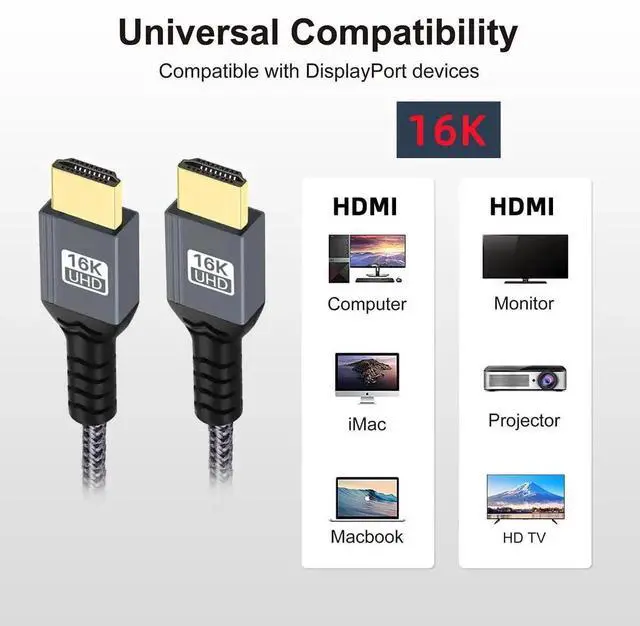 Alt view image 6 of 7 - 200cm HDMI 2.2 Cable, 16K 8K UHD Type-A Male to Male High Speed HDTV Cable Nylon Braided for HDTV Desktop Laptop Monitor