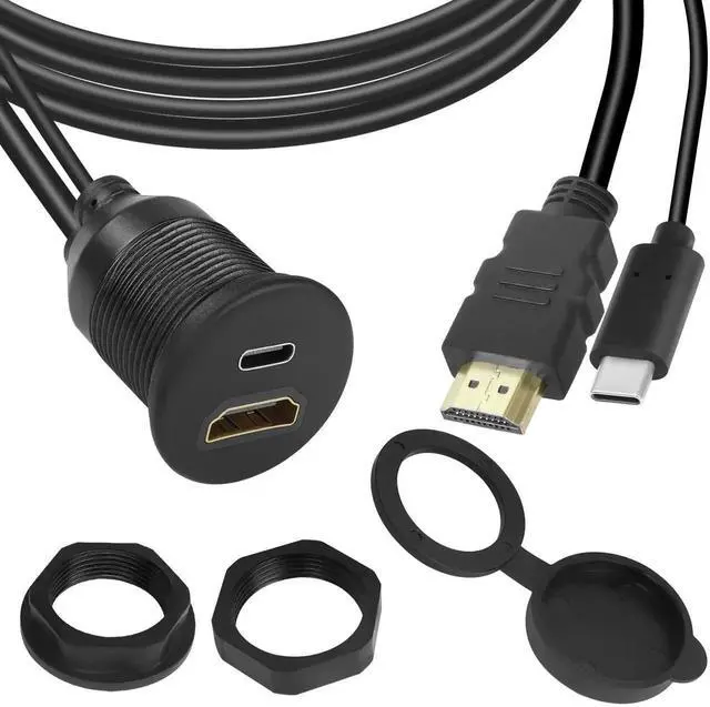 Main image of 1m/3.3ft USB C & HDMI Threaded Flush Mount Cable, USB C 2.0 + HDMI 1.4 Male to Female Waterproof Panel Mount Extension Adapter, 4K@60Hz for Car Dashboard Desk Installation