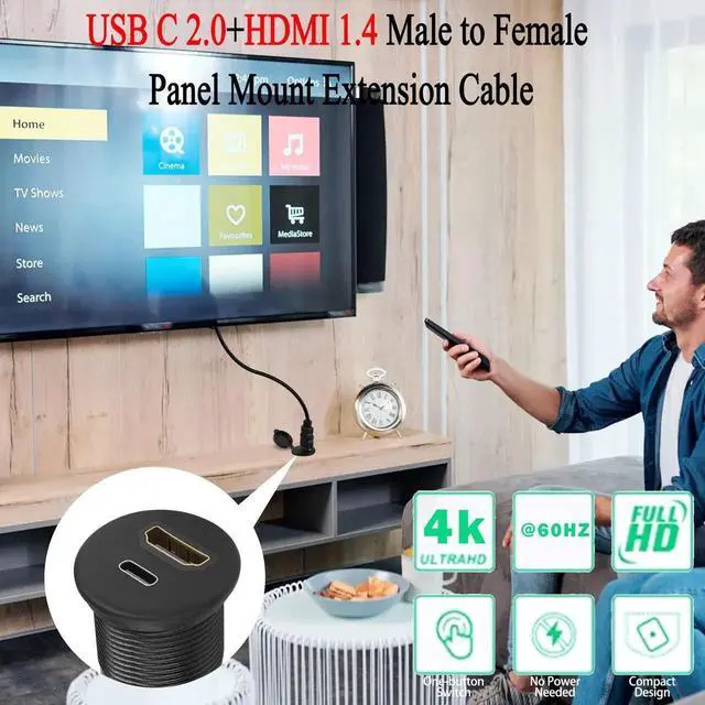 Alt view image 2 of 7 - 1m/3.3ft USB C & HDMI Threaded Flush Mount Cable, USB C 2.0 + HDMI 1.4 Male to Female Waterproof Panel Mount Extension Adapter, 4K@60Hz for Car Dashboard Desk Installation