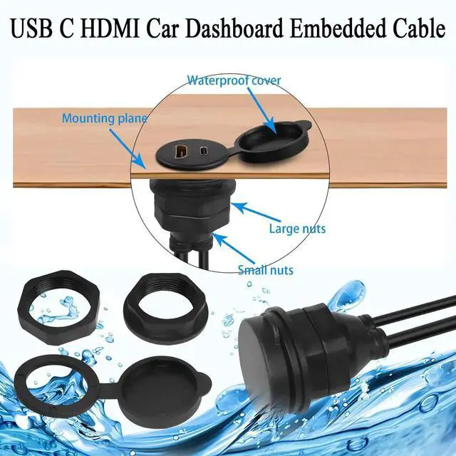 Alt view image 6 of 7 - 1m/3.3ft USB C & HDMI Threaded Flush Mount Cable, USB C 2.0 + HDMI 1.4 Male to Female Waterproof Panel Mount Extension Adapter, 4K@60Hz for Car Dashboard Desk Installation