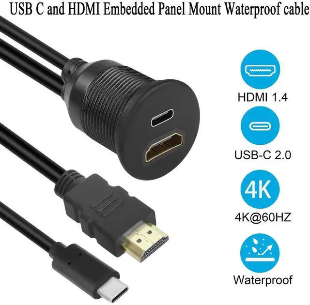 Alt view image 4 of 7 - 1m/3.3ft USB C & HDMI Threaded Flush Mount Cable, USB C 2.0 + HDMI 1.4 Male to Female Waterproof Panel Mount Extension Adapter, 4K@60Hz for Car Dashboard Desk Installation