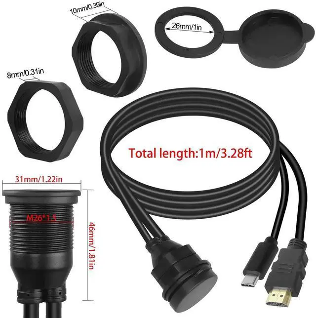 Alt view image 5 of 7 - 1m/3.3ft USB C & HDMI Threaded Flush Mount Cable, USB C 2.0 + HDMI 1.4 Male to Female Waterproof Panel Mount Extension Adapter, 4K@60Hz for Car Dashboard Desk Installation
