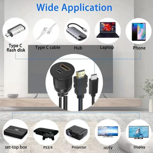Alt view image 7 of 7 - 1m/3.3ft USB C & HDMI Threaded Flush Mount Cable, USB C 2.0 + HDMI 1.4 Male to Female Waterproof Panel Mount Extension Adapter, 4K@60Hz for Car Dashboard Desk Installation