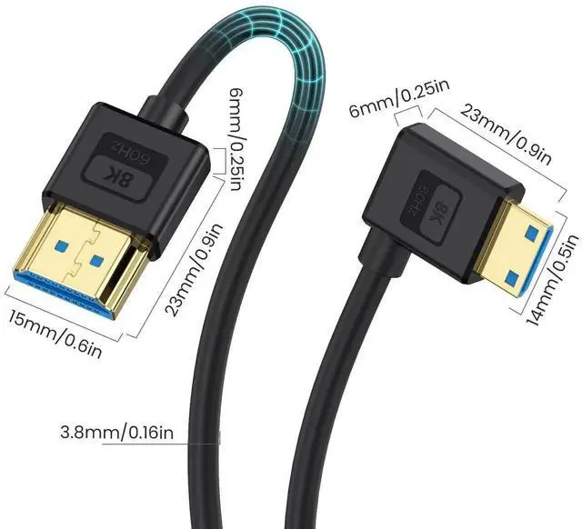 Alt view image 3 of 7 - 1ft Ultra Thin 8K Mini HDMI to HDMI Cable, 48Gbps 90 Degree Right Angle Soft Silicone HDMI 2.1 Cable, Slim Flexible Cord Support 8K@60Hz 4K@60Hz for Camera Laptop HDTV