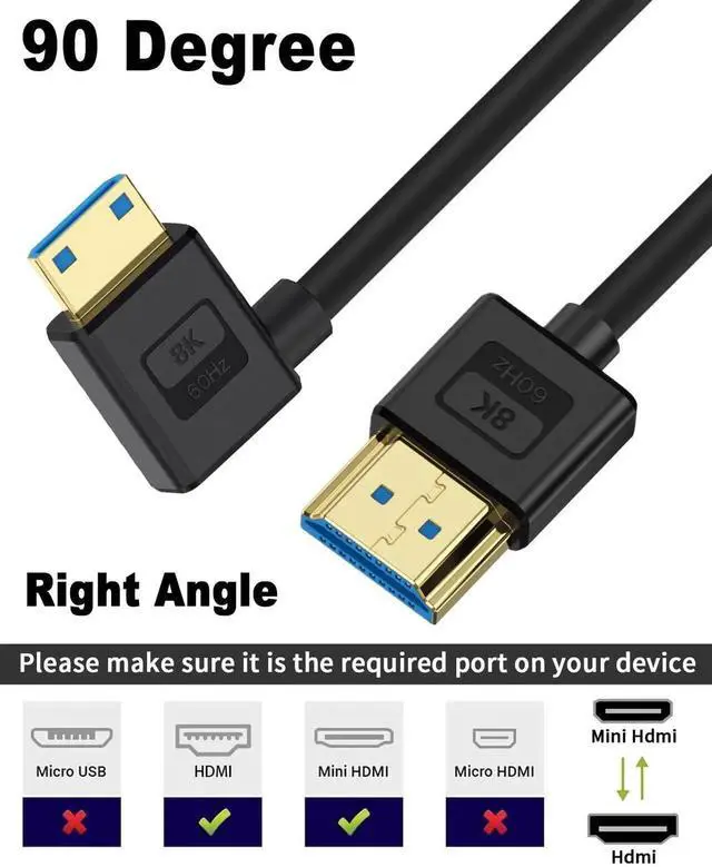 Alt view image 6 of 7 - 1ft Ultra Thin 8K Mini HDMI to HDMI Cable, 48Gbps 90 Degree Right Angle Soft Silicone HDMI 2.1 Cable, Slim Flexible Cord Support 8K@60Hz 4K@60Hz for Camera Laptop HDTV