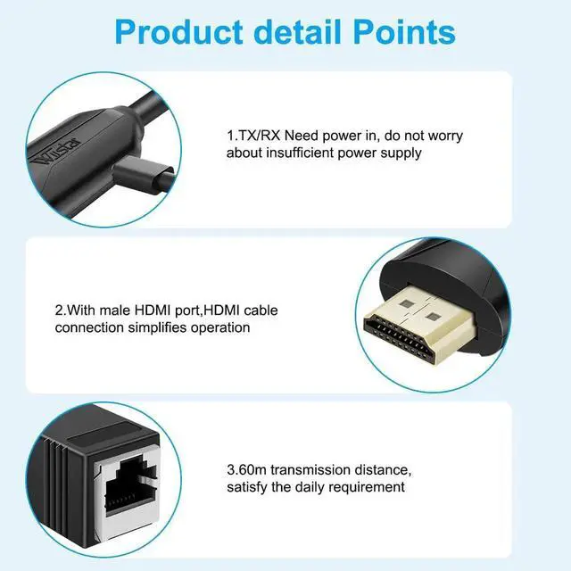 Alt view image 7 of 7 - HDMI Over Ethernet Cat5e Cat6 RJ45 Cable, Male to Female HDMI to RJ45 Network Converter, 2 Ports Transmitter Receiver, Up to 196FT/60M, Power Over Ethernet Support, Full 1080P for Displays