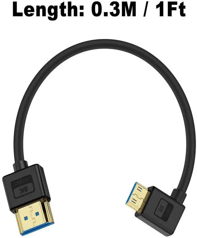 Alt view image 2 of 7 - Ultra Thin 8K Mini HDMI to HDMI Cable 1FT, 90 Degree Left Angle Soft Slim Silicone Cable, 48Gbps 8K@60Hz 4K@60Hz Compatible with Camera Laptop HDTV