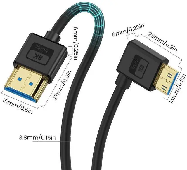 Alt view image 3 of 7 - Ultra Thin 8K Mini HDMI to HDMI Cable 1FT, 90 Degree Left Angle Soft Slim Silicone Cable, 48Gbps 8K@60Hz 4K@60Hz Compatible with Camera Laptop HDTV