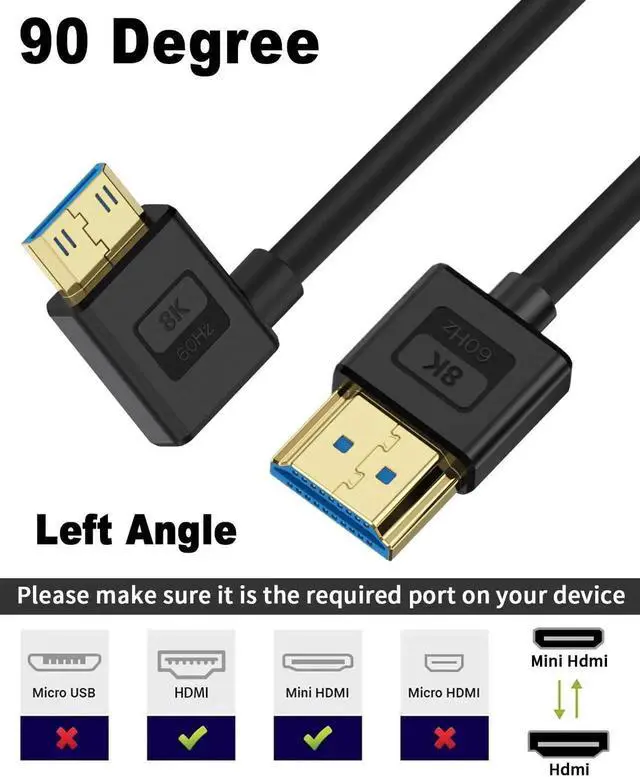 Alt view image 6 of 7 - Ultra Thin 8K Mini HDMI to HDMI Cable 1FT, 90 Degree Left Angle Soft Slim Silicone Cable, 48Gbps 8K@60Hz 4K@60Hz Compatible with Camera Laptop HDTV