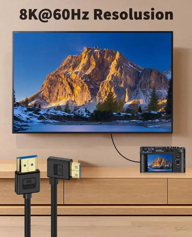 Alt view image 5 of 7 - Ultra Thin 8K Mini HDMI to HDMI Cable 1FT, 90 Degree Left Angle Soft Slim Silicone Cable, 48Gbps 8K@60Hz 4K@60Hz Compatible with Camera Laptop HDTV