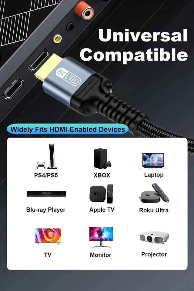 Alt view image 2 of 7 - 8FT 10K 8K 4K HDMI 2.1 Cable, 48Gbps Ultra High Speed Braided HDMI Cord, 8K@60Hz 4K@120Hz Dynamic HDR eARC HDCP 2.2&2.3 3D Compatible with TV Laptop Monitor PS5 Xbox Projector Sound System