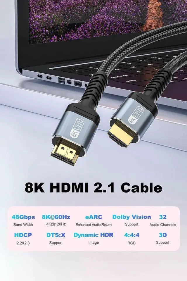 Alt view image 5 of 7 - 8FT 10K 8K 4K HDMI 2.1 Cable, 48Gbps Ultra High Speed Braided HDMI Cord, 8K@60Hz 4K@120Hz Dynamic HDR eARC HDCP 2.2&2.3 3D Compatible with TV Laptop Monitor PS5 Xbox Projector Sound System