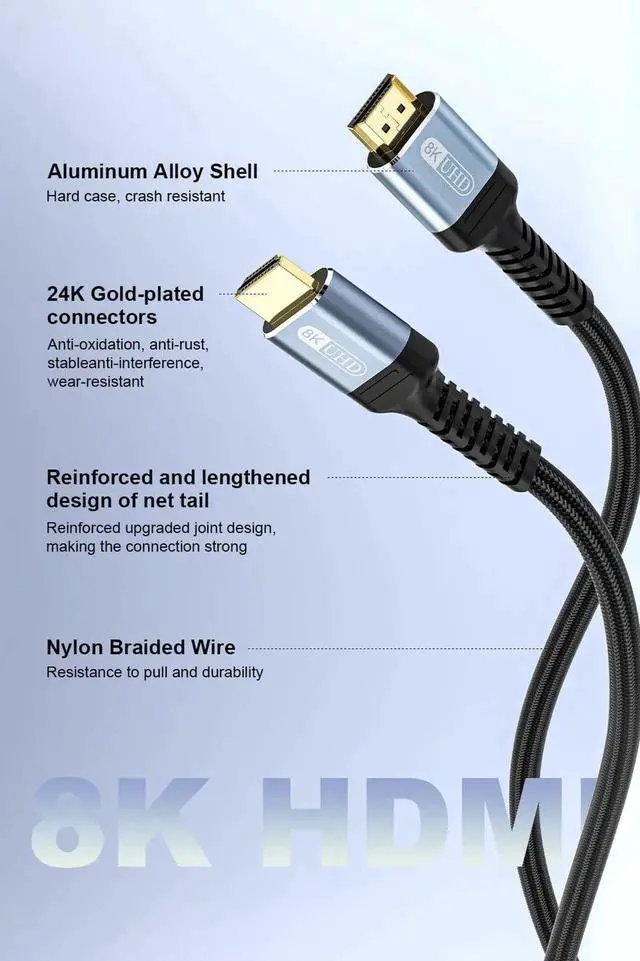 Alt view image 4 of 7 - 8FT 10K 8K 4K HDMI 2.1 Cable, 48Gbps Ultra High Speed Braided HDMI Cord, 8K@60Hz 4K@120Hz Dynamic HDR eARC HDCP 2.2&2.3 3D Compatible with TV Laptop Monitor PS5 Xbox Projector Sound System