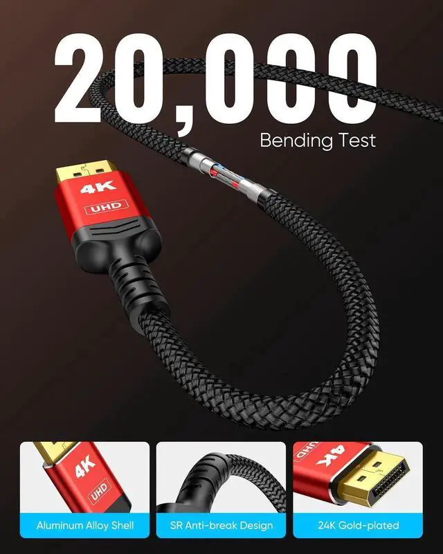 Alt view image 6 of 7 - 10FT 4K DisplayPort to HDMI Cable, Uni-Directional DP Source to HDMI Display 1.4 Braided Cord, 4K@30Hz 2K@60Hz 1080P Full HD, Red Compatible with Dell NVIDIA AMD Monitor Projector