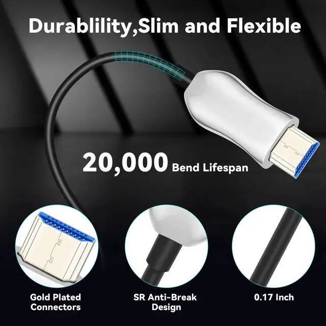 Alt view image 2 of 7 - 6.6FT 8K Fiber Optic HDMI 2.1 Cable, Slim Active High Speed Fiber HDMI Cord, 48Gbps 8K@60Hz 4K@120Hz Dynamic HDR eARC HDCP 2.2&2.3 3D Compatible with HDTV Monitor Laptop Xbox PS4 PS5
