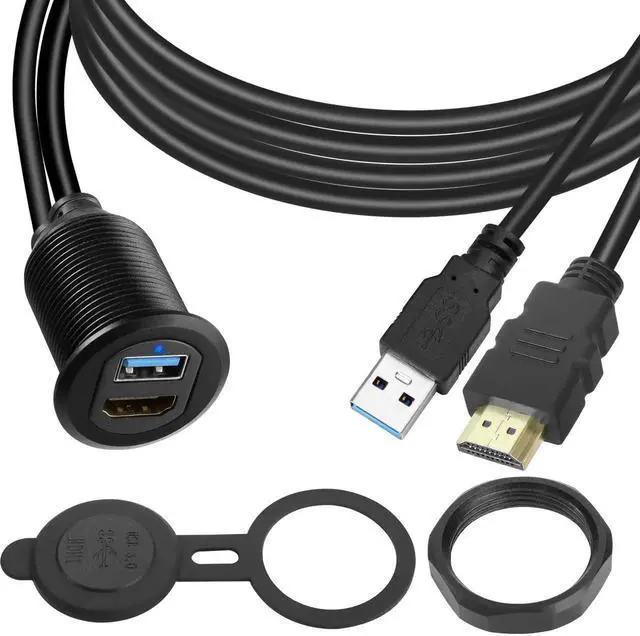 Main image of 2M/6.5ft Car Waterproof USB3.0 + HDMI 1.4 Embedded Cable, Threaded Fixed Mount Data Extension Cord with LED Light Aluminum Housing, Compatible with Dashboard Car Boat Motorbike