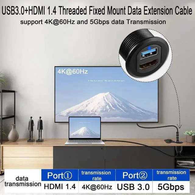 Alt view image 5 of 7 - 2M/6.5ft Car Waterproof USB3.0 + HDMI 1.4 Embedded Cable, Threaded Fixed Mount Data Extension Cord with LED Light Aluminum Housing, Compatible with Dashboard Car Boat Motorbike