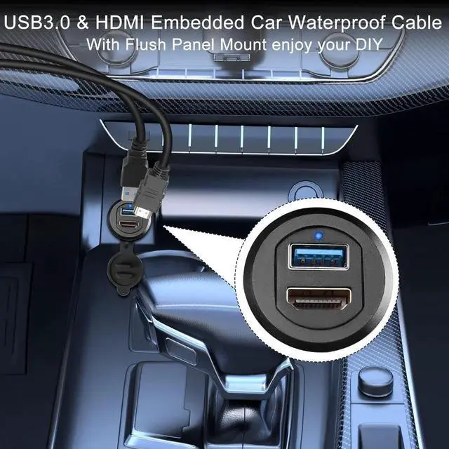Alt view image 7 of 7 - 2M/6.5ft Car Waterproof USB3.0 + HDMI 1.4 Embedded Cable, Threaded Fixed Mount Data Extension Cord with LED Light Aluminum Housing, Compatible with Dashboard Car Boat Motorbike