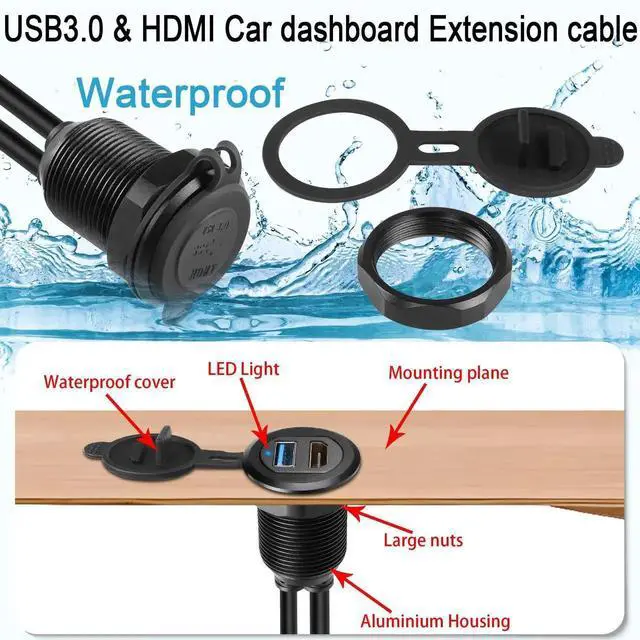Alt view image 6 of 7 - 2M/6.5ft Car Waterproof USB3.0 + HDMI 1.4 Embedded Cable, Threaded Fixed Mount Data Extension Cord with LED Light Aluminum Housing, Compatible with Dashboard Car Boat Motorbike