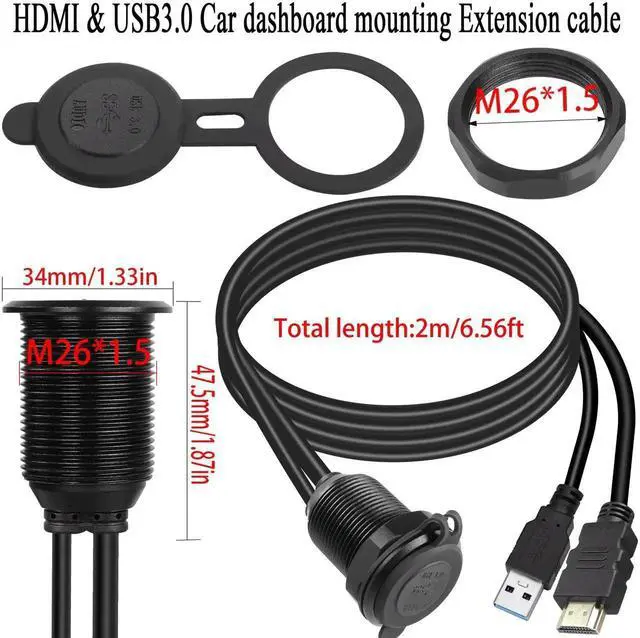 Alt view image 3 of 7 - 2M/6.5ft Car Waterproof USB3.0 + HDMI 1.4 Embedded Cable, Threaded Fixed Mount Data Extension Cord with LED Light Aluminum Housing, Compatible with Dashboard Car Boat Motorbike