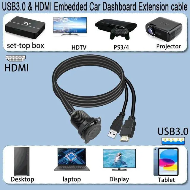 Alt view image 2 of 7 - 2M/6.5ft Car Waterproof USB3.0 + HDMI 1.4 Embedded Cable, Threaded Fixed Mount Data Extension Cord with LED Light Aluminum Housing, Compatible with Dashboard Car Boat Motorbike