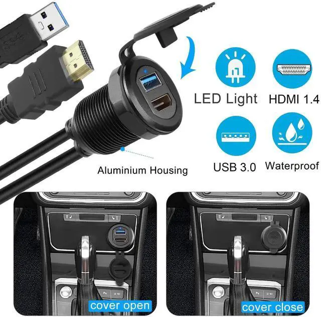 Alt view image 4 of 7 - 2M/6.5ft Car Waterproof USB3.0 + HDMI 1.4 Embedded Cable, Threaded Fixed Mount Data Extension Cord with LED Light Aluminum Housing, Compatible with Dashboard Car Boat Motorbike