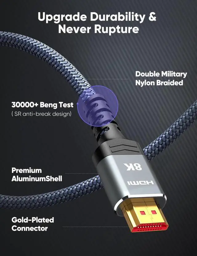 Alt view image 7 of 7 - 10FT/3M 2-Pack 8K HDMI 2.1 Cable, 48Gbps High Speed Nylon Braided HDMI Cord, 8K@60Hz 4K@120Hz 144Hz 3D eARC HDR10 4:4:4 HDCP 2.2&2.3 QMS DSC VRR Compatible with Laptop Monitor Roku TV HDTV