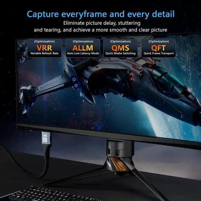Alt view image 3 of 7 - 10FT HDMI 2.2 16K 8K Cable, 96Gbps Ultra High Speed Gaming HDMI Cord, 4K@480Hz 8K@240Hz Dynamic HDR eARC DTS:X HDCP 2.2&2.3 Compatible with PC Monitor HDTV PS5 Blu-ray