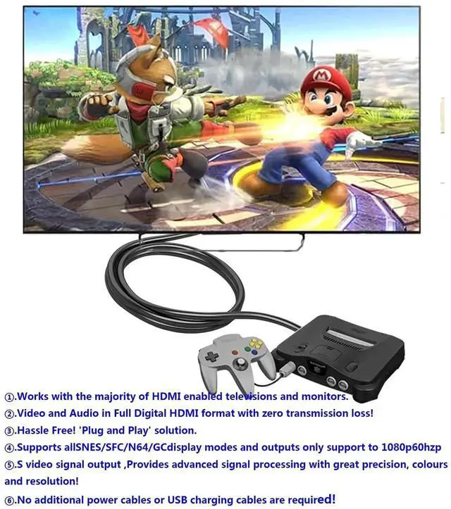 Alt view image 7 of 7 - 1.5m/4.92FT N64 to HDMI Converter Adapter, All-in-One HDMI Link Cable with S-Video Output, Better Than AV Quality, Compatible with GameCube N64 SNES SFC Retro Game Consoles