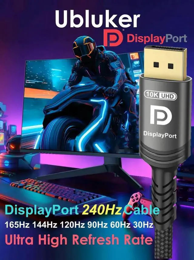 Alt view image 2 of 4 - 16.4FT DisplayPort 2.1 Cable, 54Gbps UHBR Certified DP to DP Cord, 10K@60Hz 8K@120Hz 4K@240Hz Nylon Braided, HDCP2.3 FreeSync G-Sync Compatible with RTX5090 Gaming Monitor PC Projector