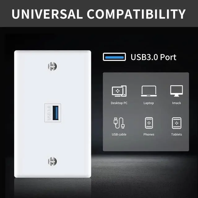 Alt view image 7 of 7 - 1 Port USB 3.0 Keystone Wall Plate, White Type A Female to Female Outlet Face Panel Cover, USB 3.0 Keystone Jack Wall Mount Socket for Fast Charging & High Speed Data Transfer