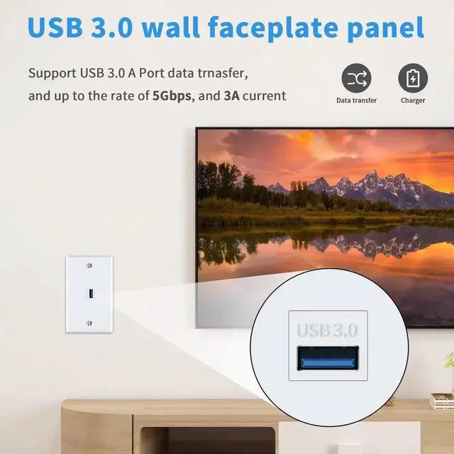 Alt view image 2 of 7 - 1 Port USB 3.0 Keystone Wall Plate, White Type A Female to Female Outlet Face Panel Cover, USB 3.0 Keystone Jack Wall Mount Socket for Fast Charging & High Speed Data Transfer