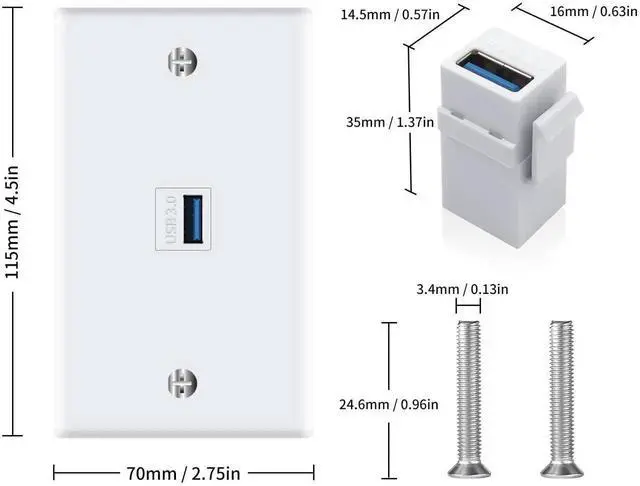 Alt view image 3 of 7 - 1 Port USB 3.0 Keystone Wall Plate, White Type A Female to Female Outlet Face Panel Cover, USB 3.0 Keystone Jack Wall Mount Socket for Fast Charging & High Speed Data Transfer