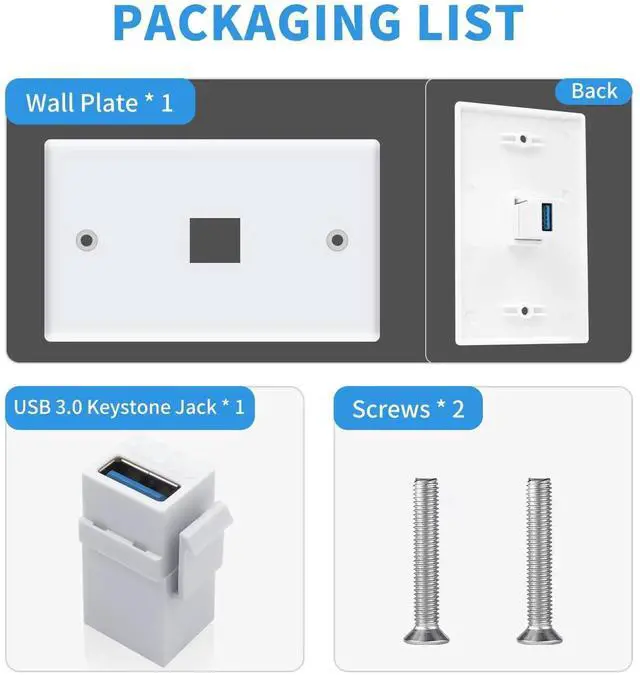 Alt view image 4 of 7 - 1 Port USB 3.0 Keystone Wall Plate, White Type A Female to Female Outlet Face Panel Cover, USB 3.0 Keystone Jack Wall Mount Socket for Fast Charging & High Speed Data Transfer