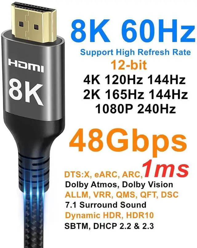 Alt view image 7 of 7 - 33FT 8K HDMI Cable, 48Gbps Nylon Braided High Speed HDMI Cord, 8K@60Hz 4K@120Hz 2K@165Hz 12bit eARC ARC Dolby Atmos HDR10+ HDCP2.3, Compatible with PC TV Soundbar Monitor Mac PS5 Xbox