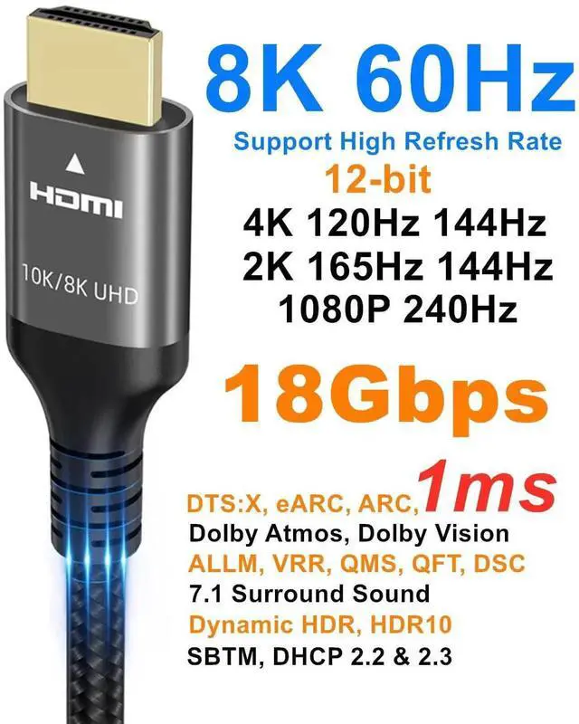Alt view image 5 of 7 - 33FT 8K HDMI Cable, 48Gbps Nylon Braided High Speed HDMI Cord, 8K@60Hz 4K@120Hz 2K@165Hz 12bit eARC ARC Dolby Atmos HDR10+ HDCP2.3, Compatible with PC TV Soundbar Monitor Mac PS5 Xbox