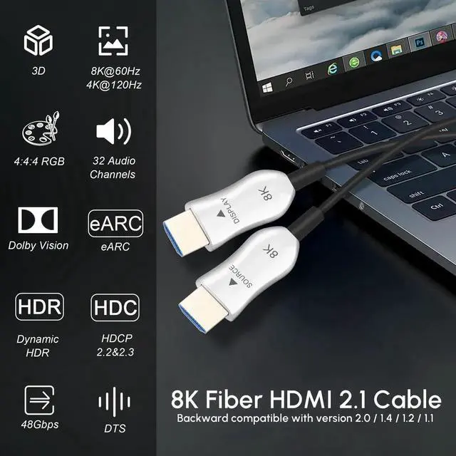 Alt view image 2 of 7 - 15ft/5m 8K Fiber Optic HDMI 2.1 Cable, Long Active High Speed Fiber HDMI Cord, 48Gbps 8K@60Hz 4K@120Hz Dynamic HDR eARC HDCP 2.2&2.3 3D, Compatible with HDTV Monitor Laptop Xbox PS4 PS5