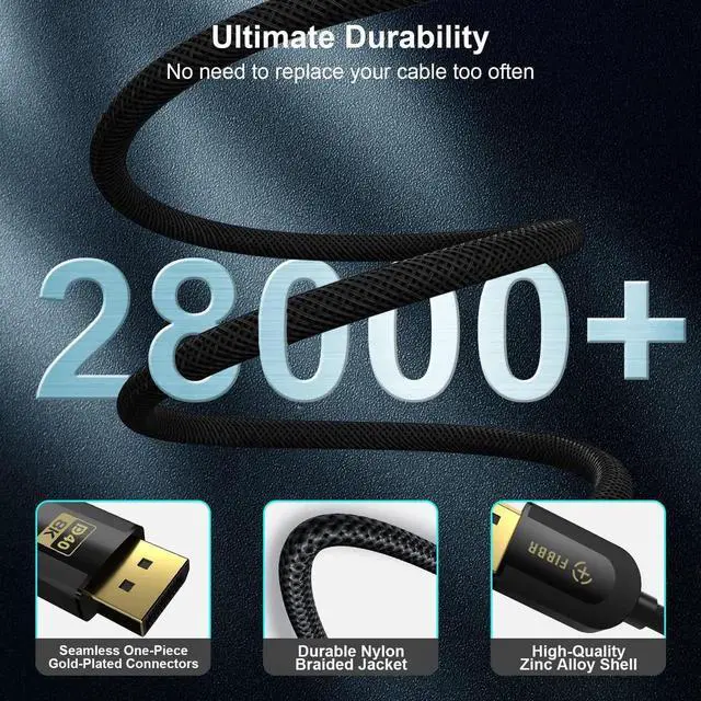 Alt view image 6 of 6 - 6.6ft Fiber Optic DisplayPort 2.1 Cable, VESA Certified DP40 40Gbps Cord, 16K@30Hz 10K@30Hz 8K@60Hz 4K@165Hz HDR HDCP2.2 DSC 1.2a, Compatible with Gaming Monitor PC