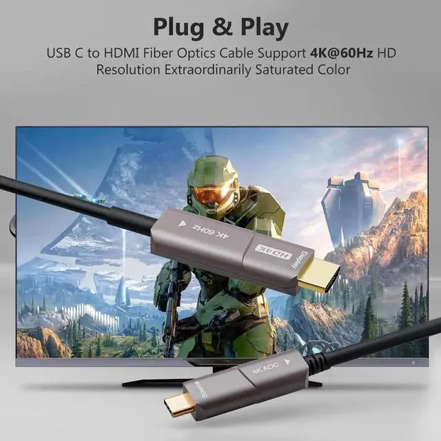 Alt view image 3 of 7 - 10M USB C to HDMI Optical Cable, USB 3.1 Type C to 4K HDMI Cord, Thunderbolt 3/4 Compatible Active Optical Cable for MacBook Pro Air, Laptop Monitor TV Projector F0402-AOC-10M