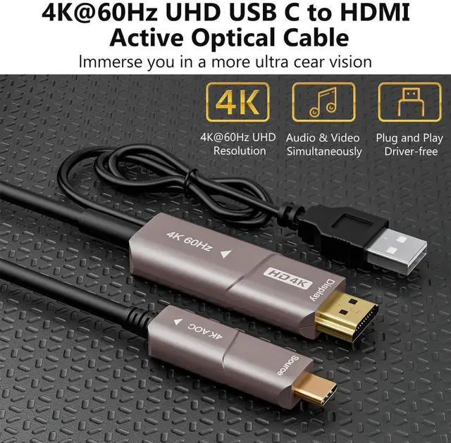 Alt view image 5 of 7 - 10M USB C to HDMI Optical Cable, USB 3.1 Type C to 4K HDMI Cord, Thunderbolt 3/4 Compatible Active Optical Cable for MacBook Pro Air, Laptop Monitor TV Projector F0402-AOC-10M