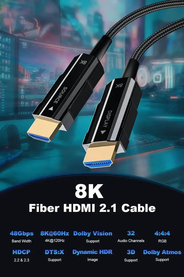 Alt view image 7 of 7 - 75ft 8K Long HDMI 2.1 Fiber Optic Braided Cable, High Speed Active 48Gbps HDMI Cord, 8K@60Hz 4K@120Hz Dynamic HDR Dolby HDCP 2.2&2.3 3D, Compatible with HDTV Monitor Gaming Laptop Home Theatre