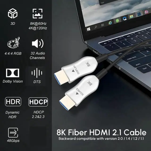 Alt view image 2 of 7 - 8K Fiber Optic HDMI 2.1 Cable 75ft, Long Active High Speed HDMI Cord, 48Gbps 8K@60Hz 4K@120Hz Dynamic HDR Dolby 3D HDCP 2.2&2.3 Compatible with HDTV Monitor Gaming Laptop Home Theatre