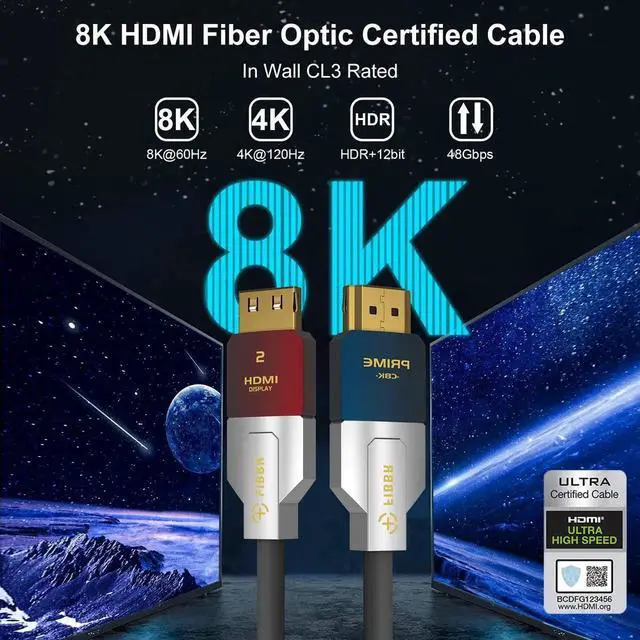 Alt view image 6 of 6 - FIBBR 8K HDMI Fiber Optic Cable 16FT/5M, CL3 Rated In-Wall HDMI 2.1 Cable, 48Gbps High Speed, 8K@60Hz 4K@120Hz/144Hz HDR10 eARC Dolby HDCP 2.2&2.3, Compatible with PS5 Xbox Series X RTX 3080 HDTV