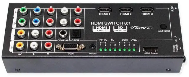 Main image of 8 Input Multi-Functional HDMI Converter, VGA AV YPbPr Component HDMI to HDMI Adapter with Coaxial SPDIF Audio Output, Supports HDMI 1.4 & 3D