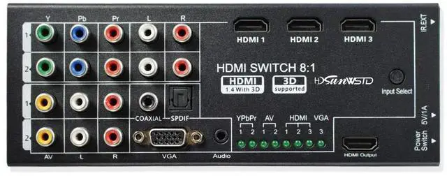Alt view image 2 of 6 - 8 Input Multi-Functional HDMI Converter, VGA AV YPbPr Component HDMI to HDMI Adapter with Coaxial SPDIF Audio Output, Supports HDMI 1.4 & 3D