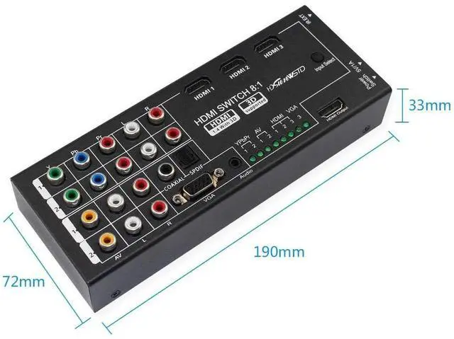 Alt view image 3 of 6 - 8 Input Multi-Functional HDMI Converter, VGA AV YPbPr Component HDMI to HDMI Adapter with Coaxial SPDIF Audio Output, Supports HDMI 1.4 & 3D