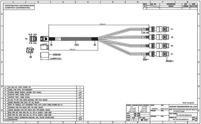 Alt view image 3 of 6 - 0.5m MiniSAS HD SFF-8643 Breakout Cable to 4 Port SATA Right Angle, Server RAID Controller Hard Drive Connection Cord