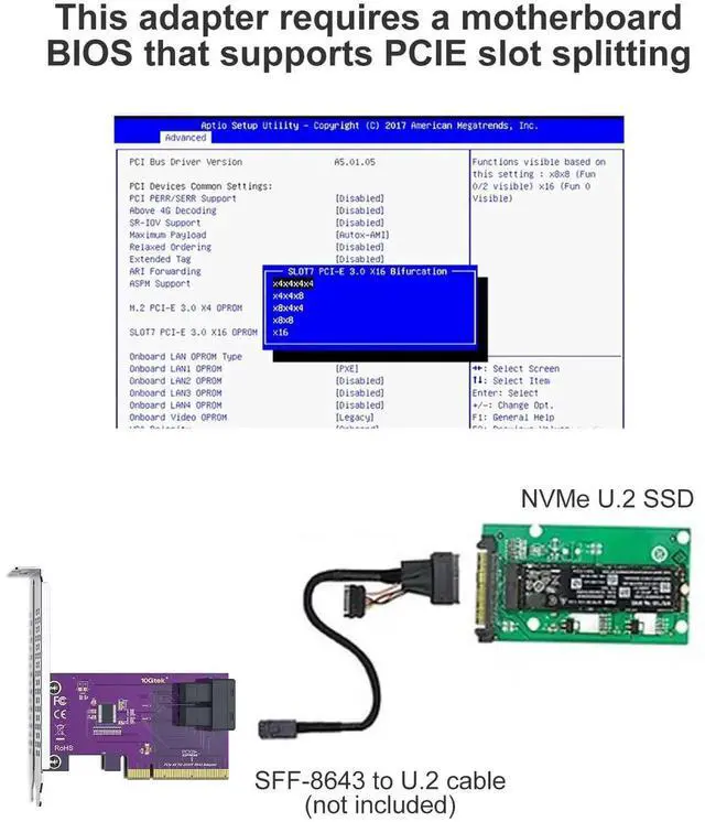 Alt view image 5 of 5 - Dual Port U.2 NVMe SSD PCIe 3.0 X8 Adapter Card, with SFF-8643 SAS Connector, Dual Bracket Design, Support Windows Linux VMware System