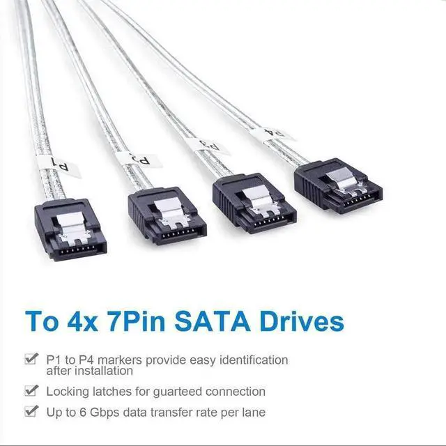 Alt view image 7 of 7 - 0.5m MiniSAS SFF-8087 Fan-Out Breakout Cable to 4xSATA with Latch Clip, Compatible with RAID Controller and Server Hard Drive